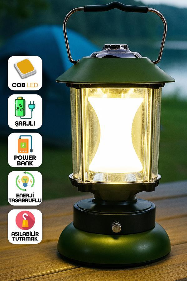 3 Modlu LED Şarjlı Kamp Lambası POWERBANK Işık Ayarlı Askılı Işıldak El Feneri Gece Lamba Yeşil 6603 - Image 1