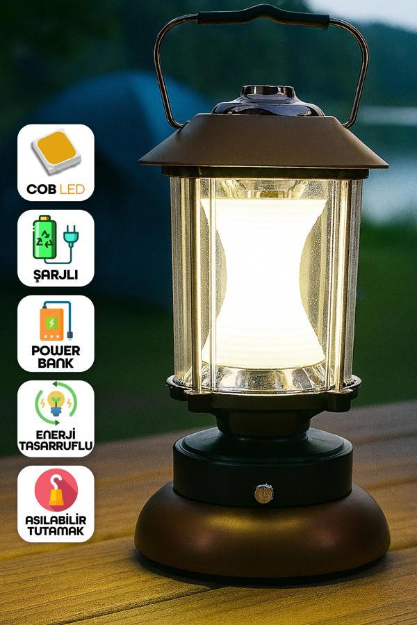 3 Modlu LED Şarjlı Kamp Lambası POWERBANK Işık Ayarlı Askılı Işıldak El Feneri Gece Lamba Kahve 6603 - Image 1