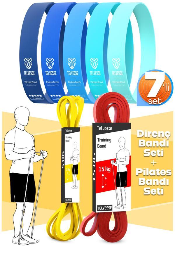 7li MEGA SET 5+15 KG + 5Li Pilates Direnç Bandı Barfiks Lastiği Loop Band Mavi Ton - Image 1