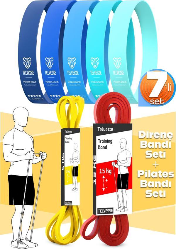 7li MEGA SET 5+15 KG + 5Li Pilates Direnç Bandı Barfiks Lastiği Loop Band Mavi Ton - Image 1