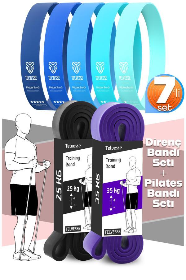 7li MEGA SET 25+35 KG + 5Li Pilates Direnç Bandı Barfiks Lastiği Loop Band Mavi Ton - Image 1