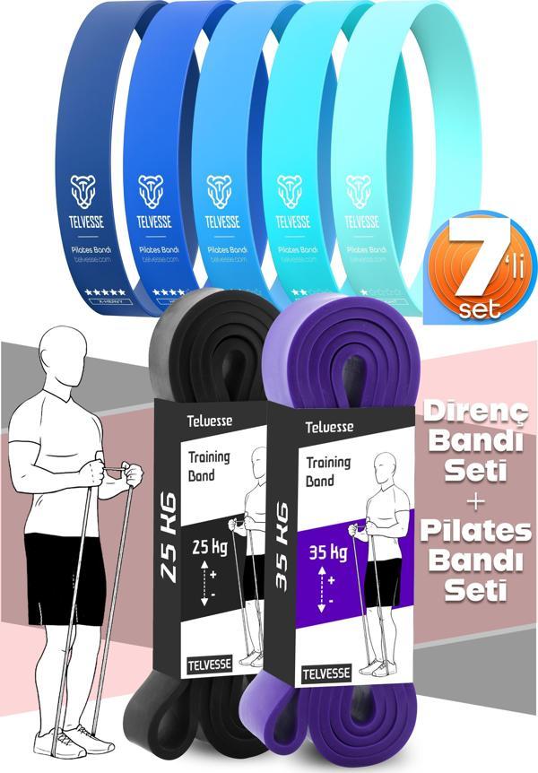 7li MEGA SET 25+35 KG + 5Li Pilates Direnç Bandı Barfiks Lastiği Loop Band Mavi Ton - Image 1