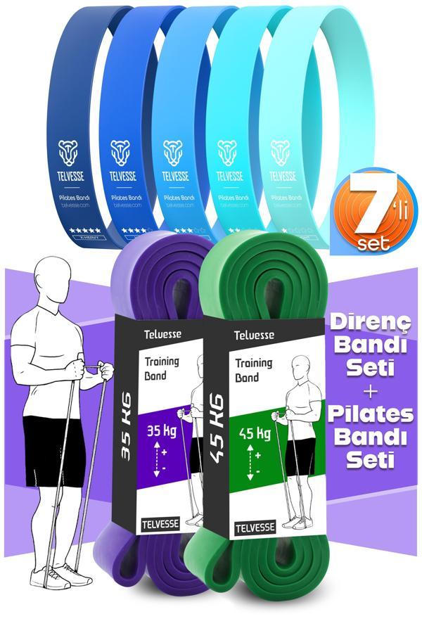 7li MEGA SET 35+45 KG + 5Li Pilates Direnç Bandı Barfiks Lastiği Loop Band Mavi Ton - Image 1