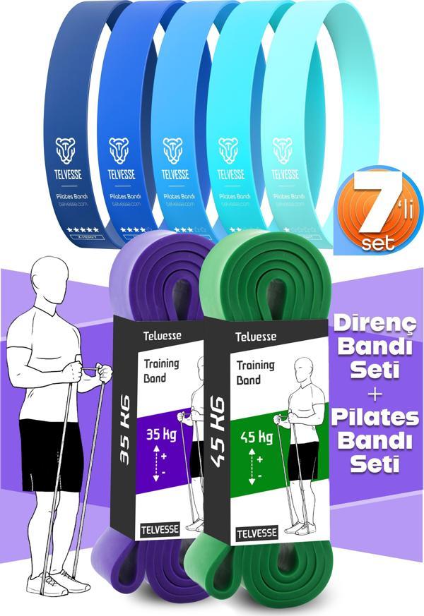 7li MEGA SET 35+45 KG + 5Li Pilates Direnç Bandı Barfiks Lastiği Loop Band Mavi Ton - Image 1