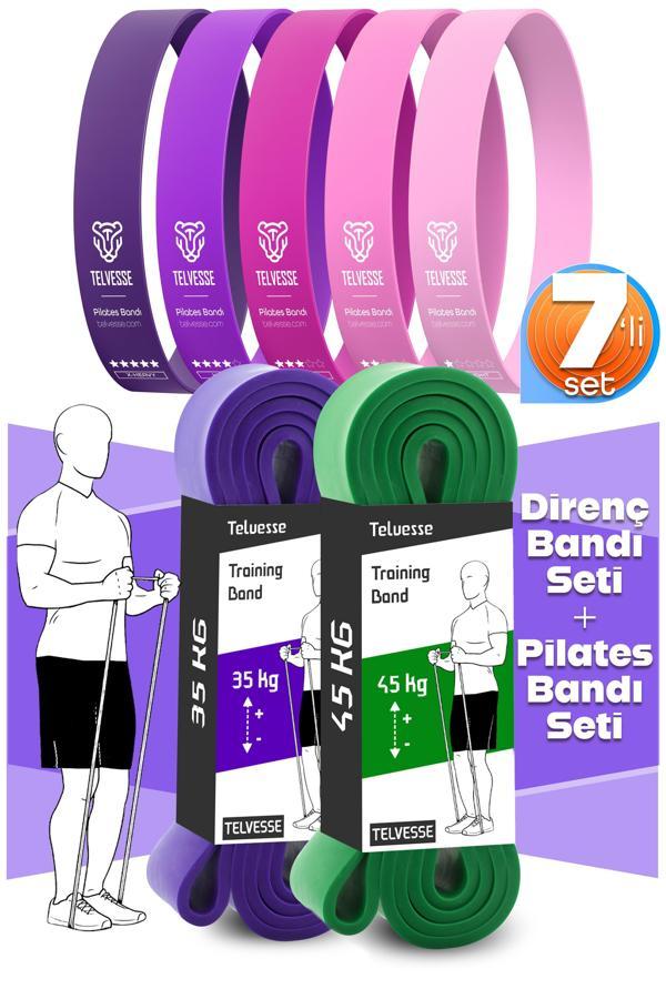 7li MEGA SET 35+45 KG + 5Li Pilates Direnç Bandı Barfiks Lastiği Loop Band Pembe Ton - Image 1