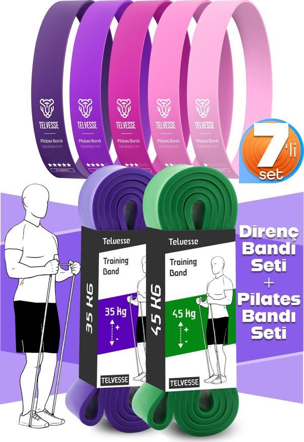 7li MEGA SET 35+45 KG + 5Li Pilates Direnç Bandı Barfiks Lastiği Loop Band Pembe Ton - Image 1