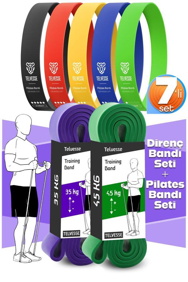 7li MEGA SET 35+45 KG + 5Li Pilates Direnç Bandı Barfiks Lastiği Loop Band Mix Ton - Image 1