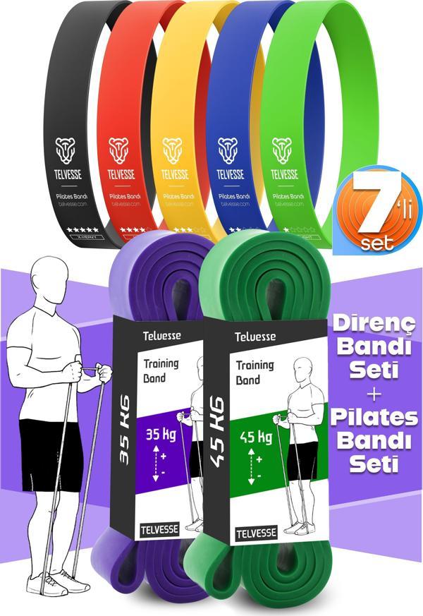 7li MEGA SET 35+45 KG + 5Li Pilates Direnç Bandı Barfiks Lastiği Loop Band Mix Ton - Image 1