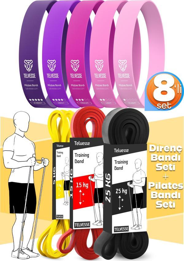 8li GİGA SET 5+15+25 KG + 5Li Pilates Direnç Bandı Barfiks Lastiği Loop Band Pembe Ton - Image 1