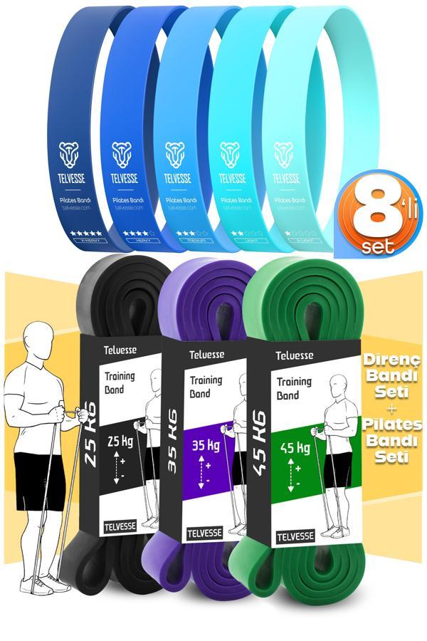 8li GİGA SET 25+35+45 KG + 5Li Pilates Direnç Bandı Barfiks Lastiği Loop Band Mavi Ton - Image 1