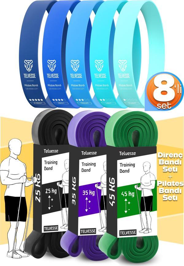 8li GİGA SET 25+35+45 KG + 5Li Pilates Direnç Bandı Barfiks Lastiği Loop Band Mavi Ton - Image 1
