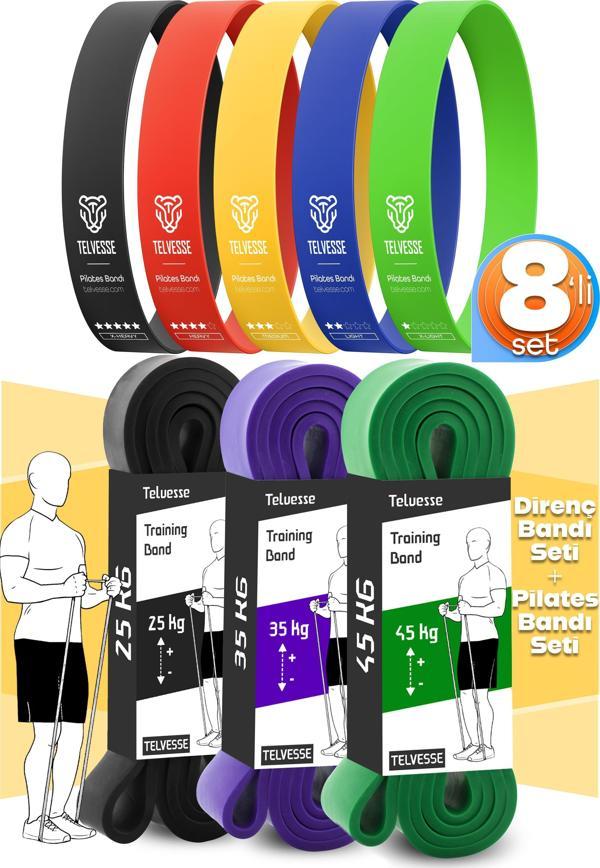 8li GİGA SET 25+35+45 KG + 5Li Pilates Direnç Bandı Barfiks Lastiği Loop Band Mix Ton - Image 1