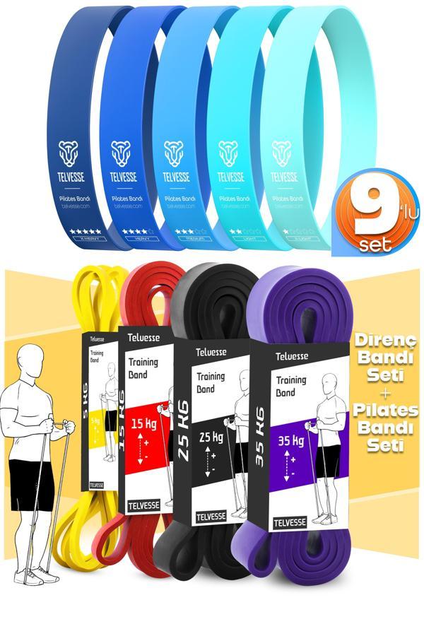 9lu TERA SET 5+15+25+35 KG + 5Li Pilates Direnç Bandı Barfiks Lastiği Loop Band Mavi Ton - Image 1