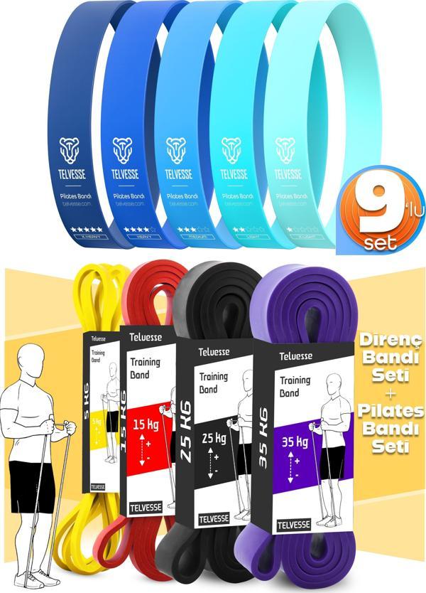 9lu TERA SET 5+15+25+35 KG + 5Li Pilates Direnç Bandı Barfiks Lastiği Loop Band Mavi Ton - Image 1