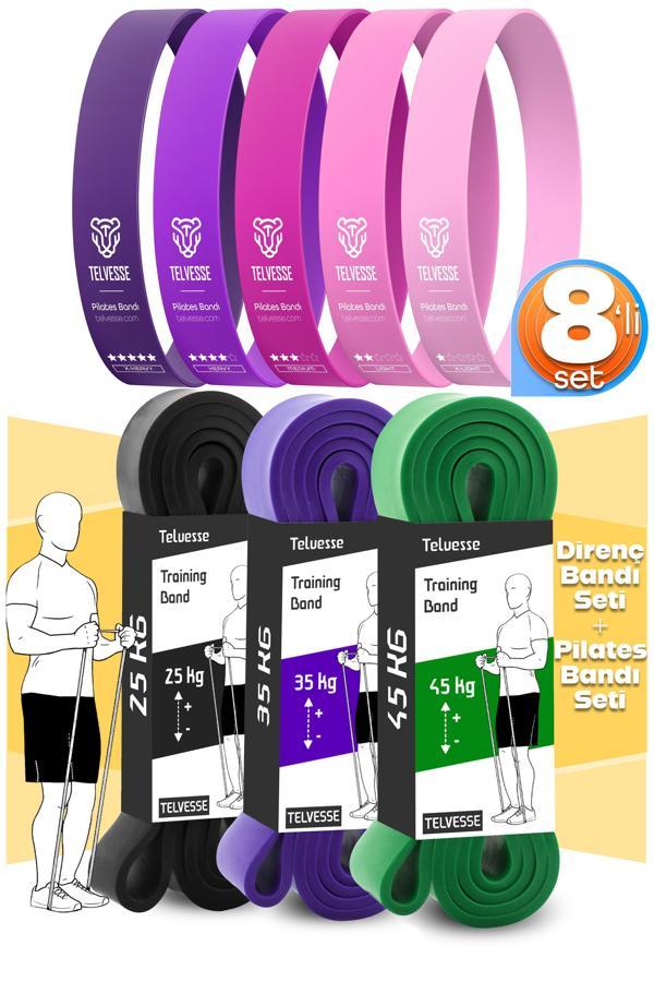 8li GİGA SET 25+35+45 KG + 5Li Pilates Direnç Bandı Barfiks Lastiği Loop Band Pembe Ton - Image 1