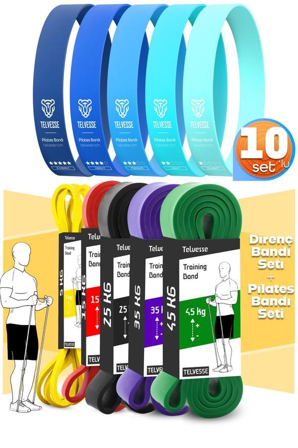 10lu TERA SET 5+15+25+35+45 KG + 5Li Pilates Direnç Bandı Barfiks Lastiği Loop Band Mavi Ton - Image 1