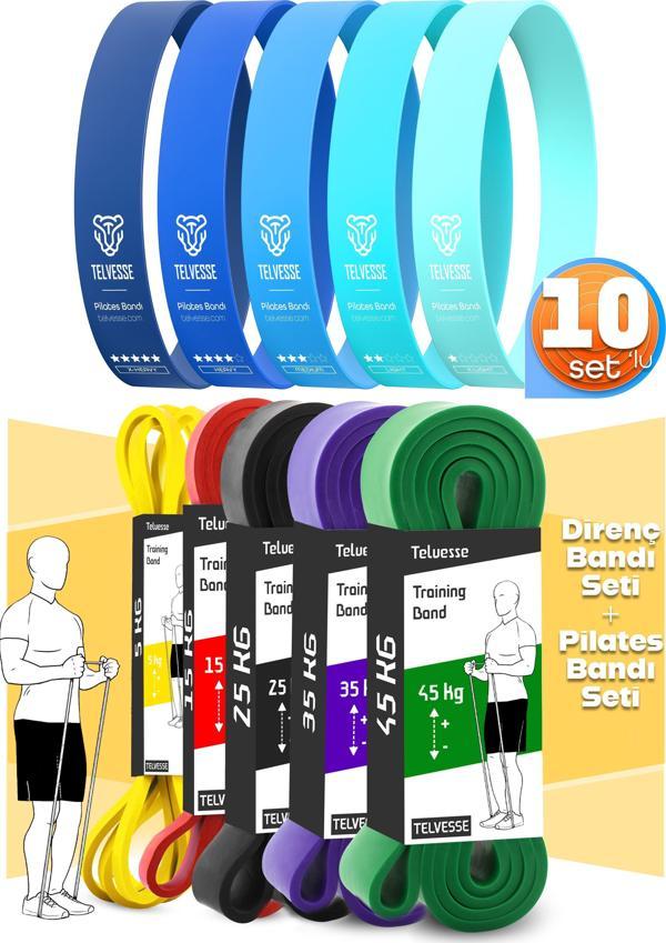 10lu TERA SET 5+15+25+35+45 KG + 5Li Pilates Direnç Bandı Barfiks Lastiği Loop Band Mavi Ton - Image 1