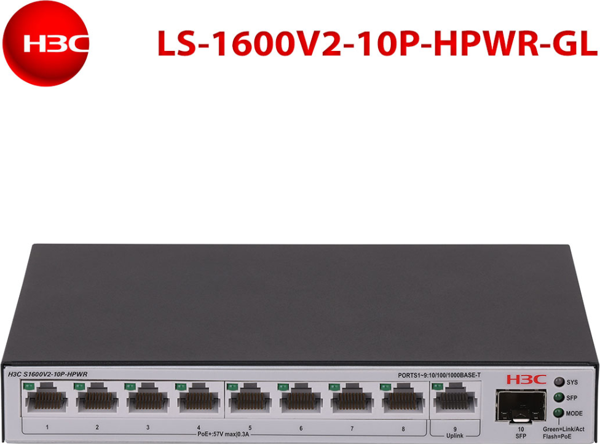 H3C S1600V2-10P-HPWR, 8 Port, GigaBit, PoE 125W, L2, 1 Port GigaBit Uplink, 1 Port GigaBit SFP, Web Yönetilebilir, Masaü - Image 1
