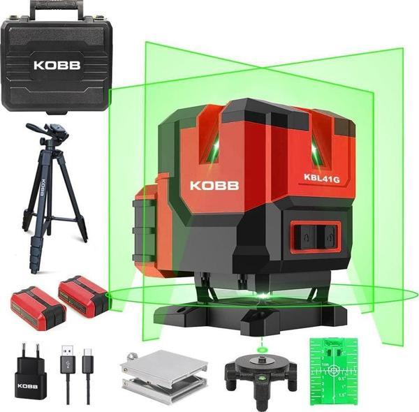 KOBB KBL41GTP 30M 4x90⁰/1x360⁰ Otomatik Hizalamalı Li-ion Çift Akü Profesyonel Yeşil Çizgi Lazer Distomat + Tripod - Image 1
