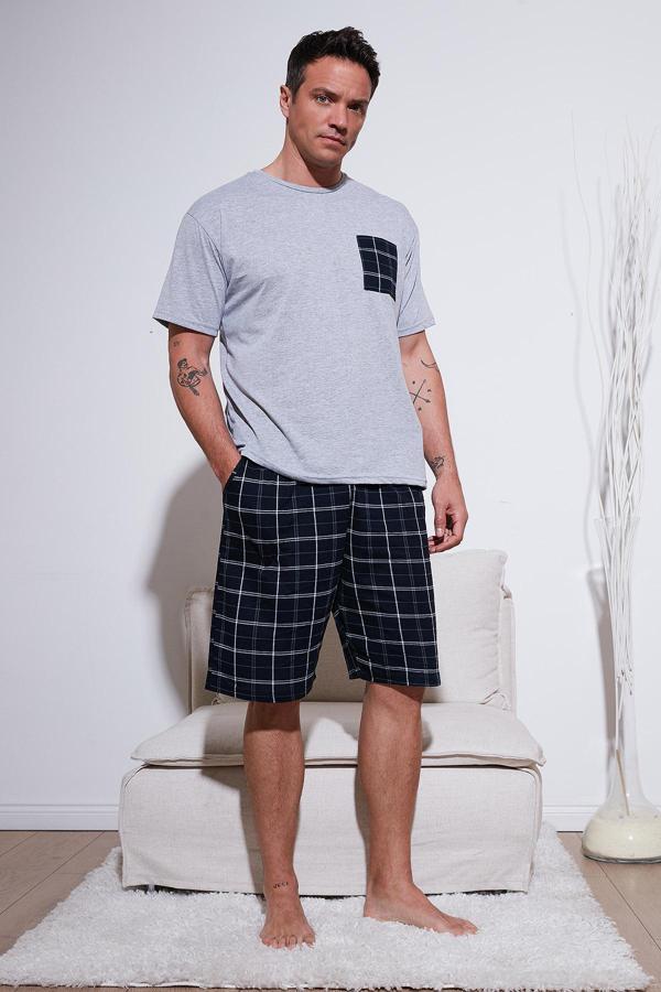 Buratti Kareli Regular Fit Pamuklu Bisiklet Yaka Kısa Kollu Şortlu Erkek Pijama Takımı 6572020 GRİ MELANJ - Image 1