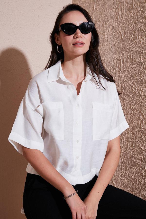 Lela Regular Fit Cep Detaylı Kısa Kollu Bayan Gömlek 6778568 BEYAZ - Image 1