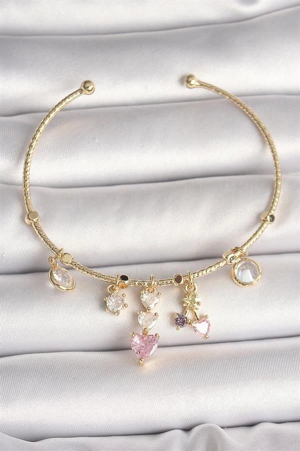 Pirinç Gold Renk Sallantı Zirkon Taşlı Kalp Figür Pembe Kalp Detay Charm Kadın Bileklik - Image 1