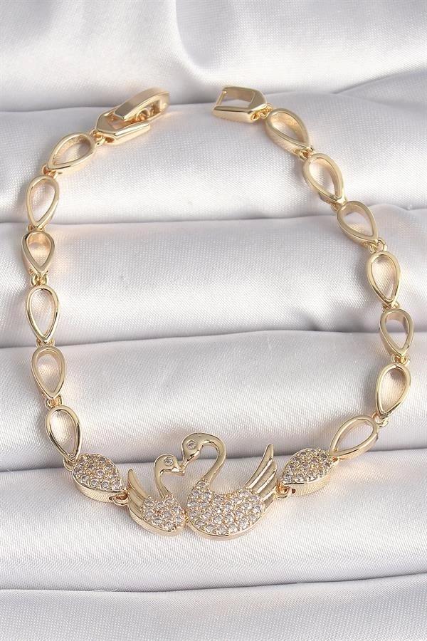 Pirinç Gold Renk Zirkon Taşlı Kuğu Figür Damla Zincir Model Kadın Bileklik - Image 1