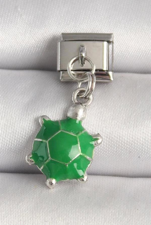 316L Çelik Gümüş Renk Yeşil Kaplumbağa Model Nomination Charm - Image 1