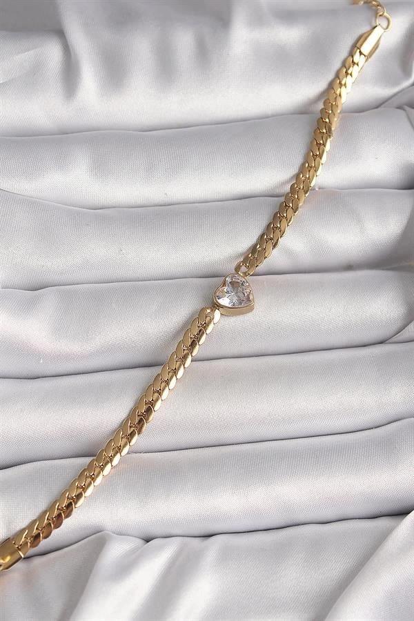 316L Çelik Gold Renk Yassı Zincir Model Zirkon Taşlı Kalp Figür Kadın Bileklik - Image 1