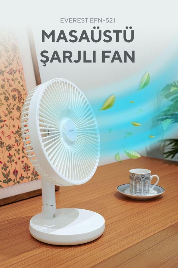 Everest Masaüstü Şarj Edilebilir 3 Kademeli 1200Mah Bataryalı Beyaz Usb Fan Vantilatör - Image 1