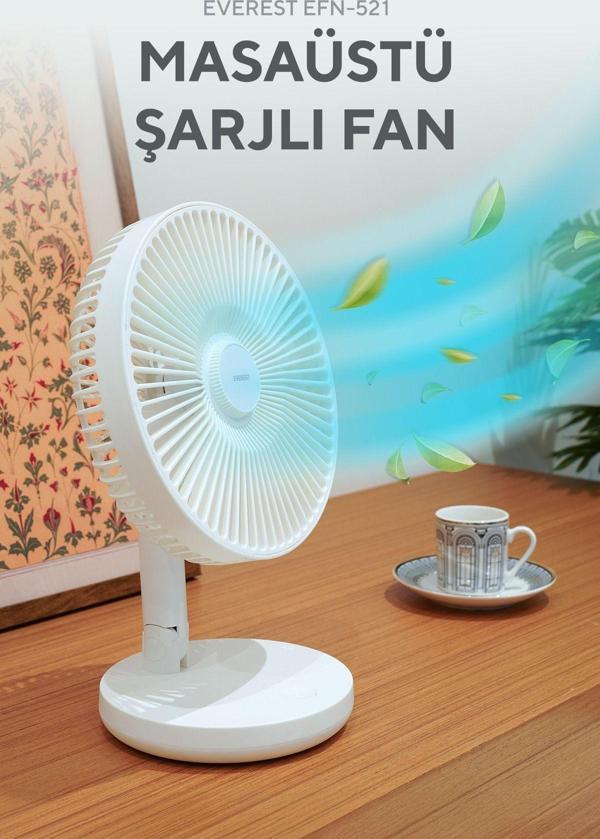 Everest Masaüstü Şarj Edilebilir 3 Kademeli 1200Mah Bataryalı Beyaz Usb Fan Vantilatör - Image 1