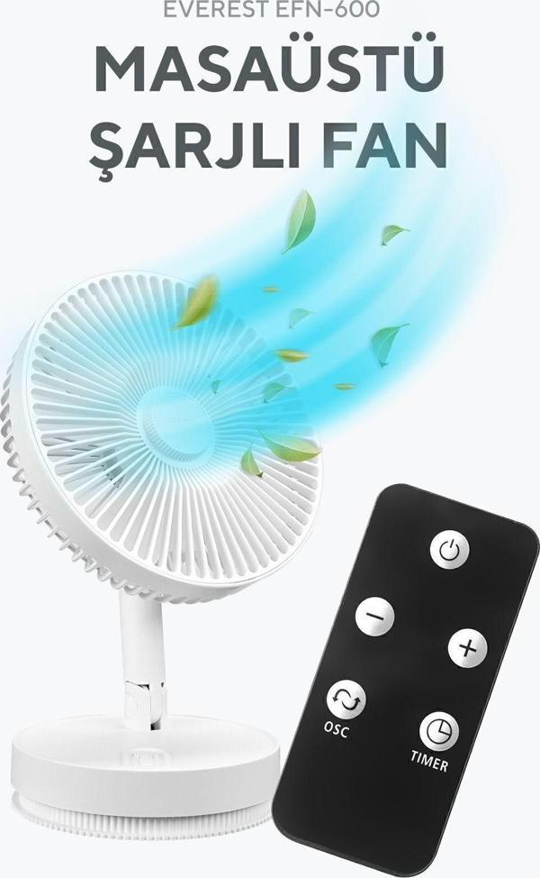 Everest Efn-600 Masaüstü Taşınabilir Şarjlı Beyaz 2000Mah Usb Fan - Image 1