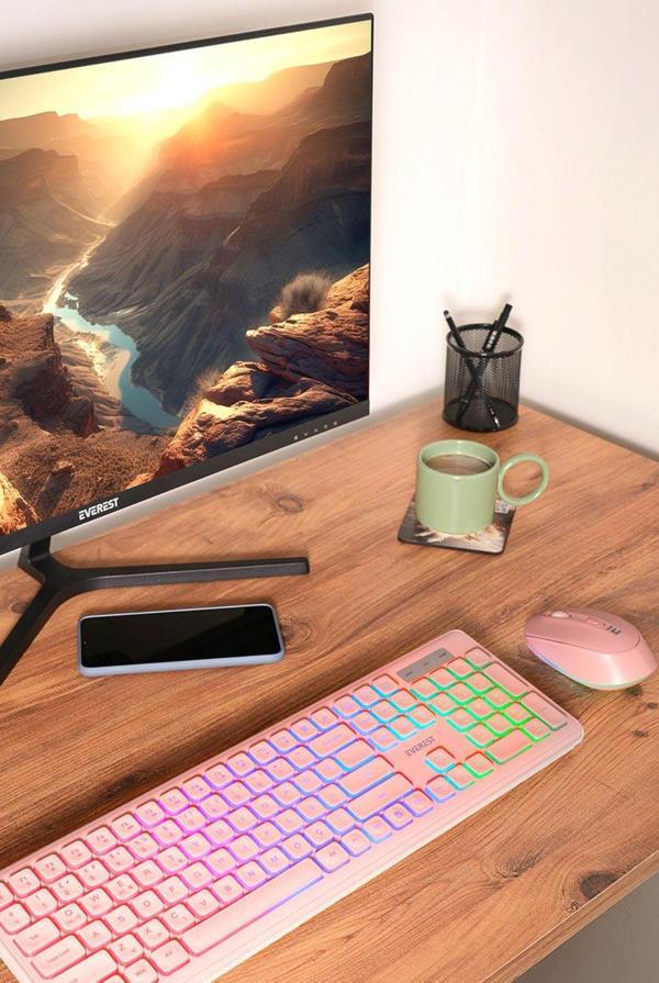 Everest Km-319Bt Pembe 2.4G+Bt1+Bt2 Çoklu Cihaz Bağlantılı Q Set Kablosuz Klavye + Mouse - Image 1