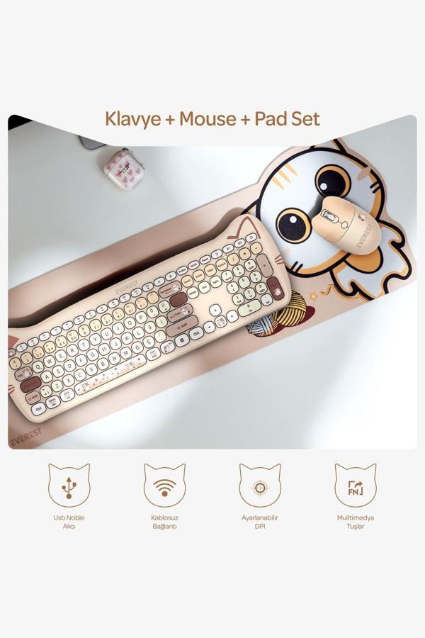 Everest Km-6283 Catty Wireless-Bluetooth Kablosuz Ultra Sessiz Özel Tasarımlı Q Klavye Mouse Mouse Pad Set - Image 1