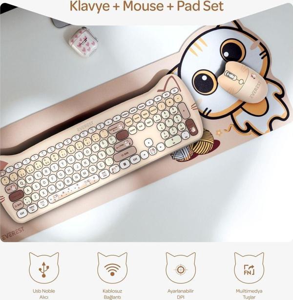 Everest Km-6283 Catty Wireless-Bluetooth Kablosuz Ultra Sessiz Özel Tasarımlı Q Klavye Mouse Mouse Pad Set - Image 1