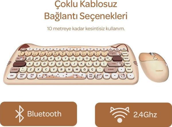 Everest Km-6285 Catty Mini  Wireless-Bluetooth Kablosuz Ultra Sessiz Özel Tasarımlı Q Klavye Mouse Set Bej - Image 1