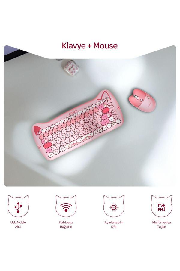 Everest Km-6285 Catty Mini Wireless-Bluetooth Kablosuz Ultra Sessiz Özel Tasarımlı Q Klavye Mouse Set Pembe - Image 1
