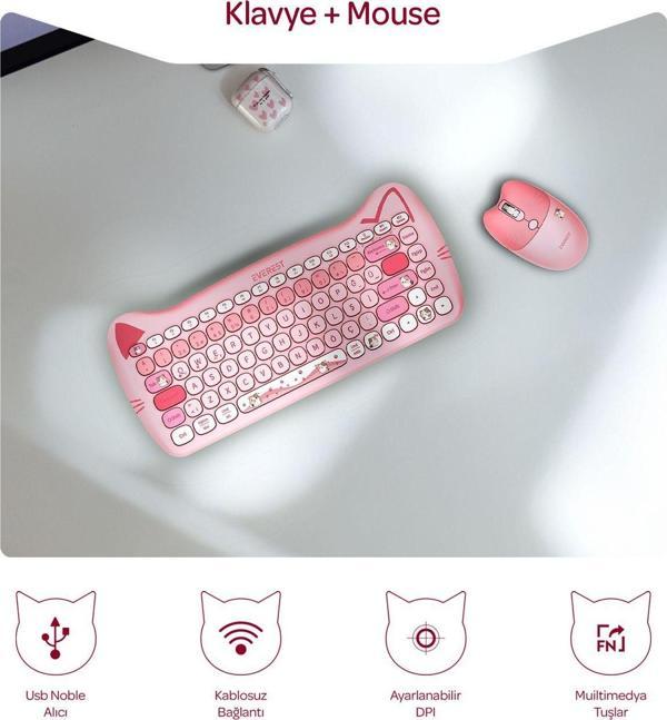 Everest Km-6285 Catty Mini Wireless-Bluetooth Kablosuz Ultra Sessiz Özel Tasarımlı Q Klavye Mouse Set Pembe - Image 1