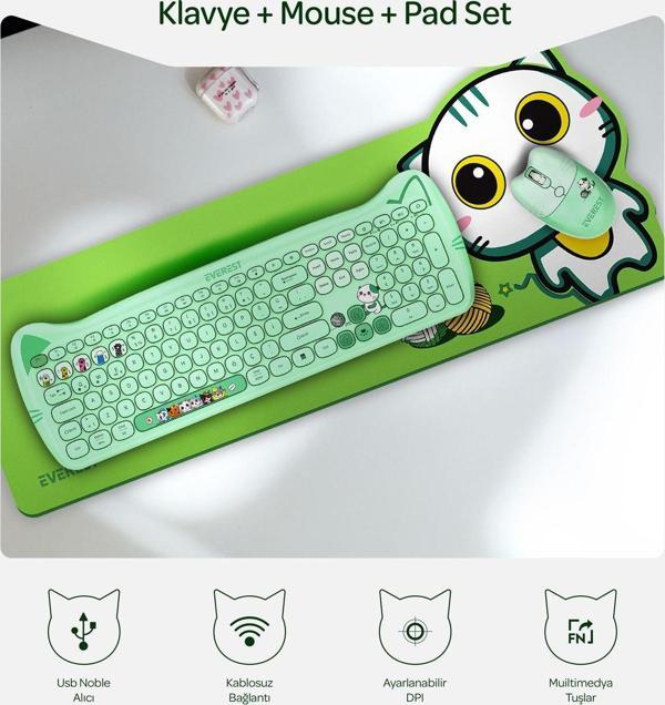 Geezer Catty Renkli Tuşlu 2.4 Ghz + Bt Kablosuz Q Multimedia Klavye + Mouse + Pad Set - Image 1