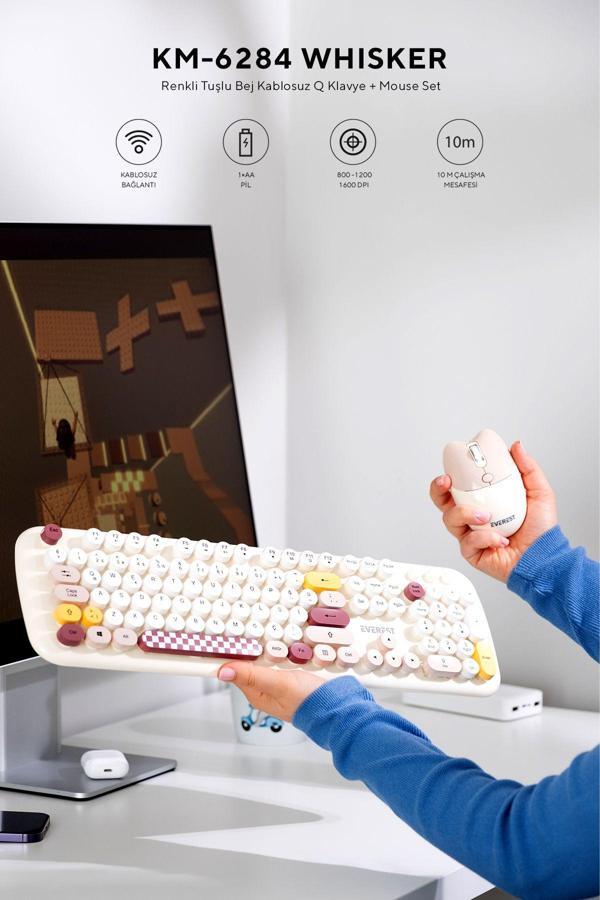Everest Km-6284 Whısker Renkli Tuşlu Bej Kablosuz Q Klavye + Mouse Set - Image 1