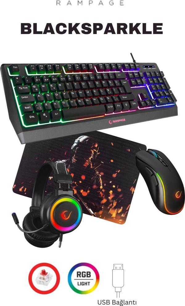 Rampage Blacksparkle Gaming Combo Oyuncu Klavye Mouse Kulaklık Mousepad Set (Rampage Türkiye Garantili) - Image 1