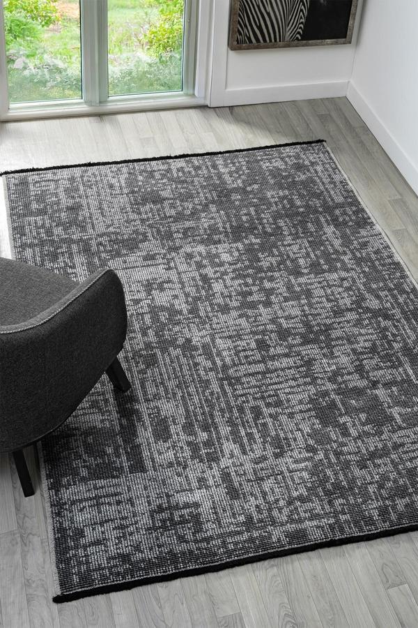 Antik Gri Halı Yıkanabilir Kaymaz Taban Şönil Kilim Dokuma Pamuk Taban Kilim 10119A - Image 1