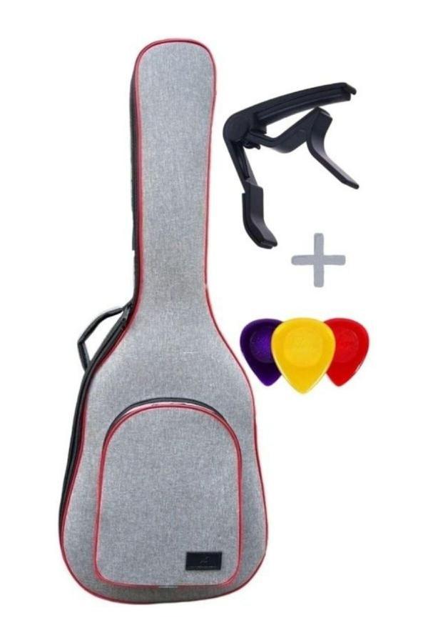 KLASİK GİTAR ÇANTASI-KILIFI-KALIN-GİGBAG-GRİ-KIRMIZI FİTİL-KETEN-SU GEÇİRMEZ-GTRGRİRED001 - Image 1