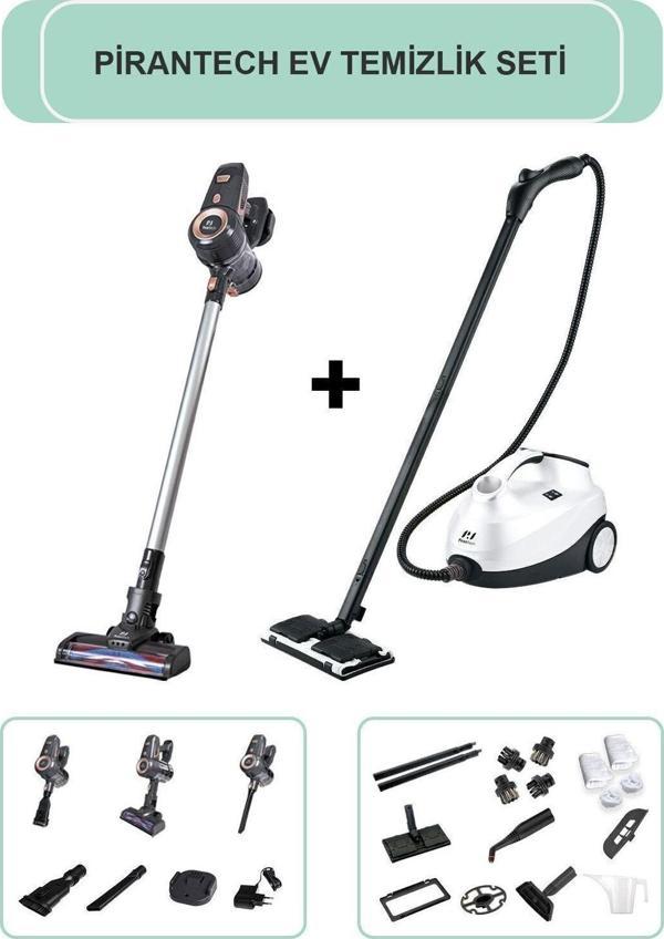 Pirantech Es92 Şarjlı Dikey Süpürge / Cb-107C Buharlı Temizlik Makinası (Ev Temizlik Seti) - Image 1