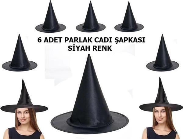 Halloween Siyah Renk Parlak Dralon Cadı Şapkası Yetişkin Ve Çocuk Uyumlu 6 Adet - Image 1