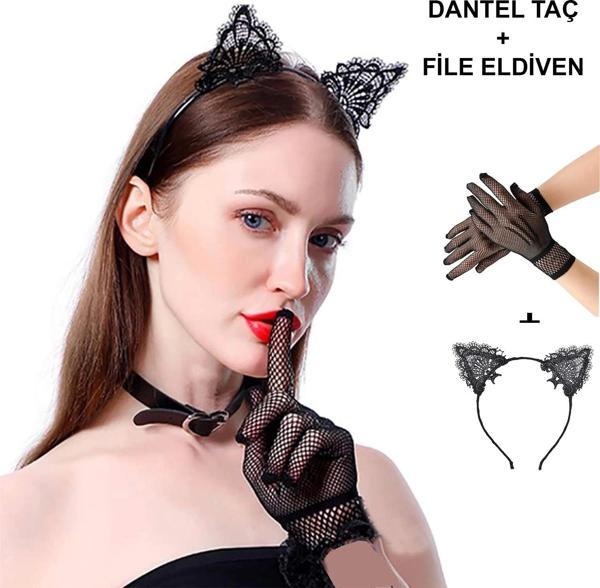 Siyah Kedi Dantel Taç + Eldiven Seti – Parti, Dans Ve Kostüm Kombini - Image 1
