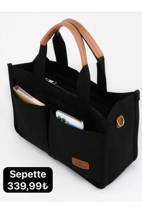 Altunay Kadın Kanvas Cepli Siyah Tote Bag Omuz Çantası - Image 1