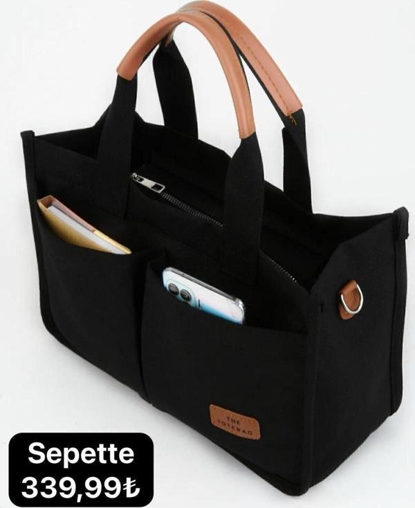 Altunay Kadın Kanvas Cepli Siyah Tote Bag Omuz Çantası - Image 1