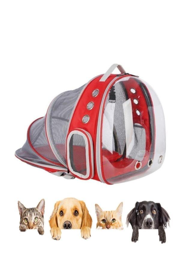 Ksburda Fileli Açılır Şeffaf Astronot Kedi Köpek Taşıma Çantası Kırmızı - Image 1