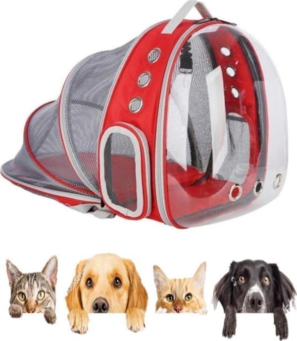 Ksburda Fileli Açılır Şeffaf Astronot Kedi Köpek Taşıma Çantası Kırmızı - Image 1